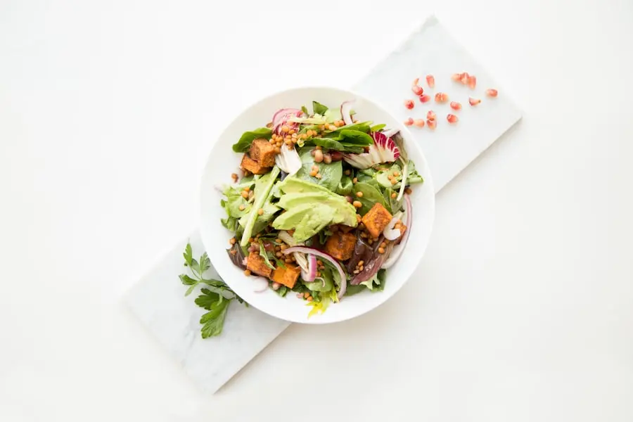 Colorful vegetable grain bowl on a wooden table