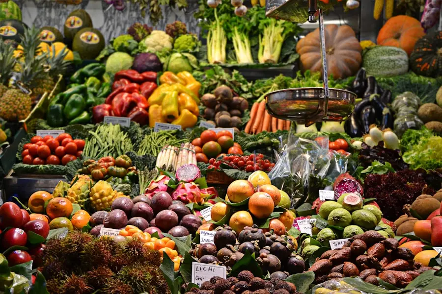 Farmers market stall with seasonal vegetables in baskets